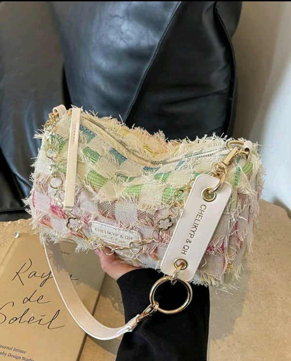 Women's Chain Strap Colorful Five-Pointed Star Color Blocking Canvas Shoulder Bagtrendy Star Print Women Bag