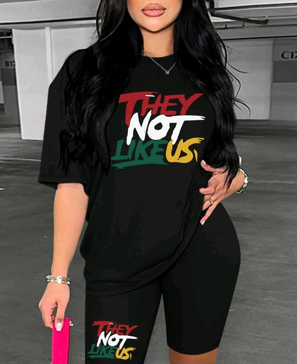 Womens Letter Print Two-Piece Set – Short Sleeve Tee and Shorts