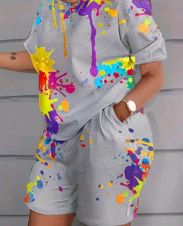 Plus Size Casual Outfits Two Piece Set, Women's Plus Splash Print Short Sleeve Round Neck Top & Shorts With Pockets Outfits 2 Piece Set
