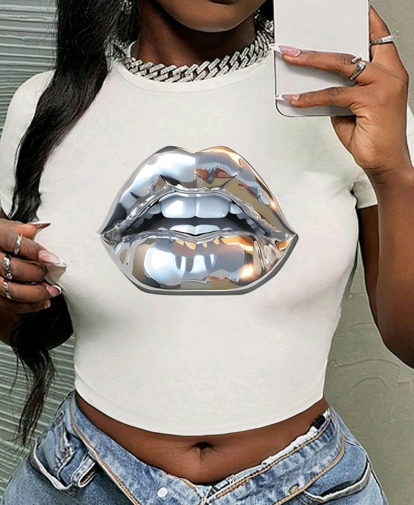 Women’s Lip Print Round Neck Tee