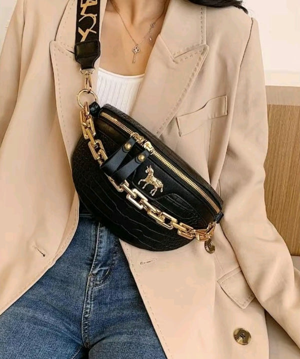 Women's Fashionable Chain Fanny Pack, Leather Zipper Belt Bag