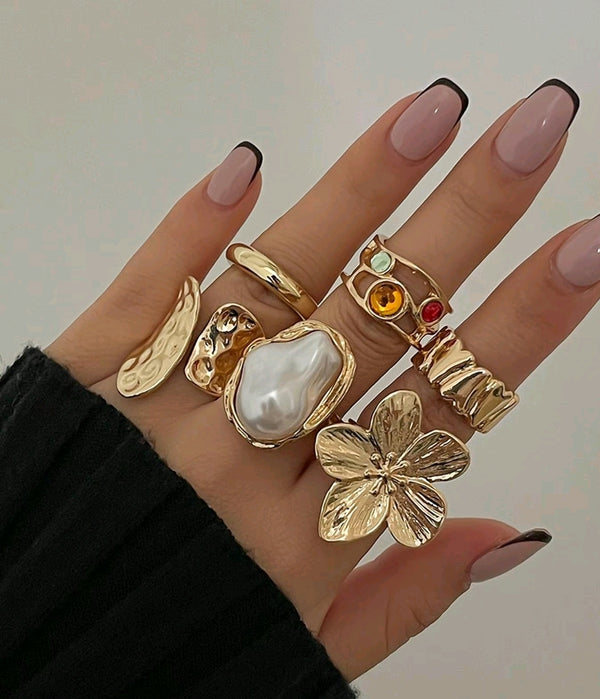 Women's Gold-Tone Statement Ring Set – 7 Pieces