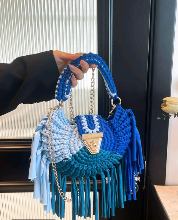 Women's Color Block Braid Design Tassel Decor Handbag