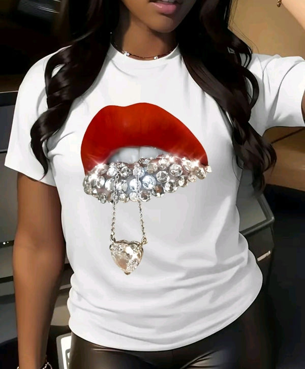 Women’s Lip & Rhinestone Print Round Neck Tee