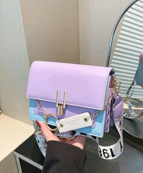 Women's Colorblock Crossbody Handbag – Lavender & Sky Blue with Gold Chain Accent