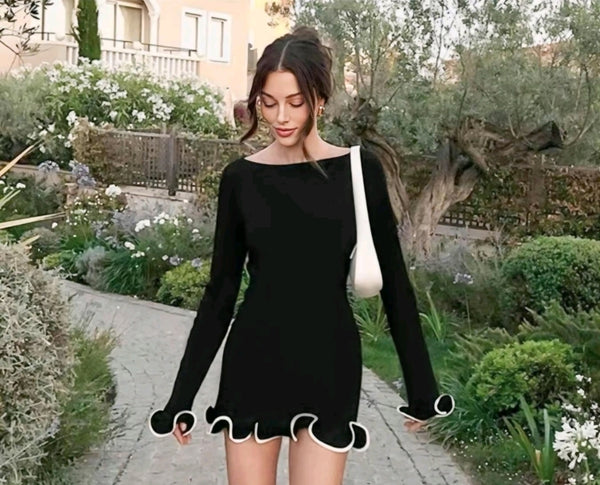 Women's Elegant Black Bodycon Mini Dress with Ruffle Trim