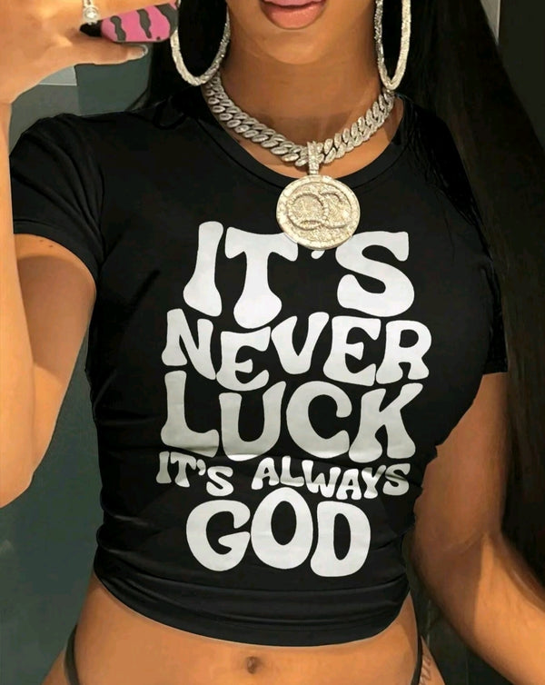 Women's Slogan Print Crop Top Round Neck Tee